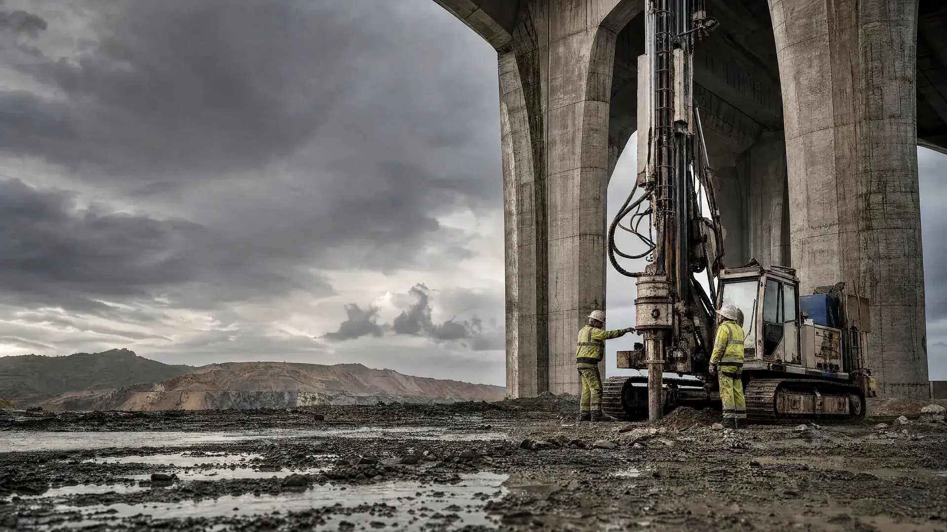 Geotechnical drilling crew investigating ground beneath major bridge foundations