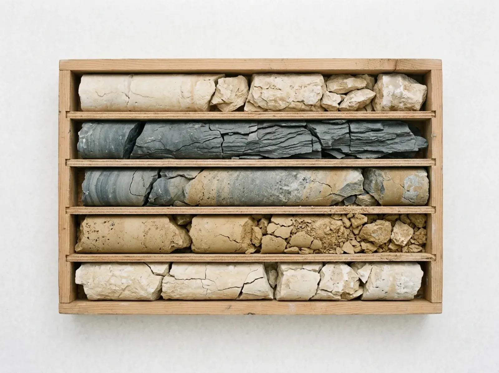 Rock and soil core run laid out in a wooden core box on a pale paper surface