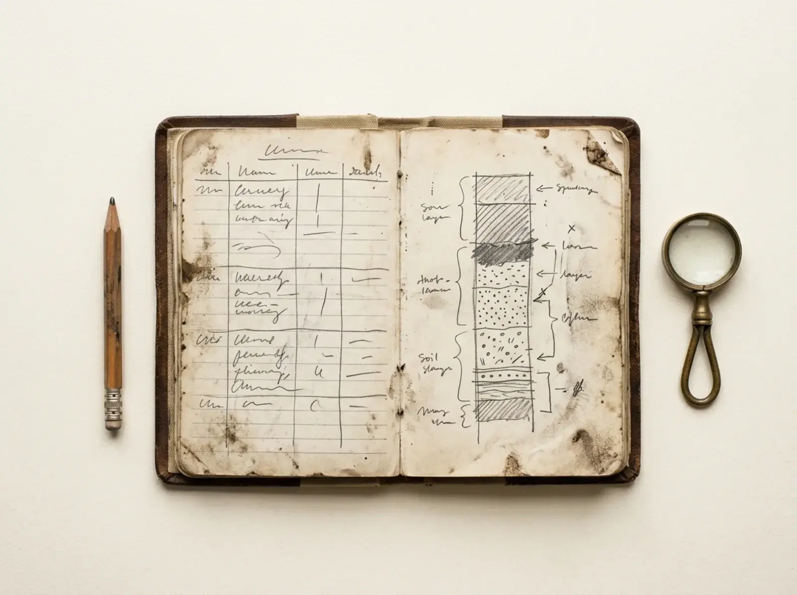 Open field notebook with a hand-drawn strata column, beside a pencil and hand lens