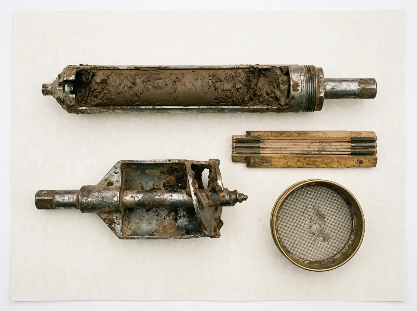 Split-spoon sampler, hand auger head, folding rule, and brass sieve on a pale paper surface
