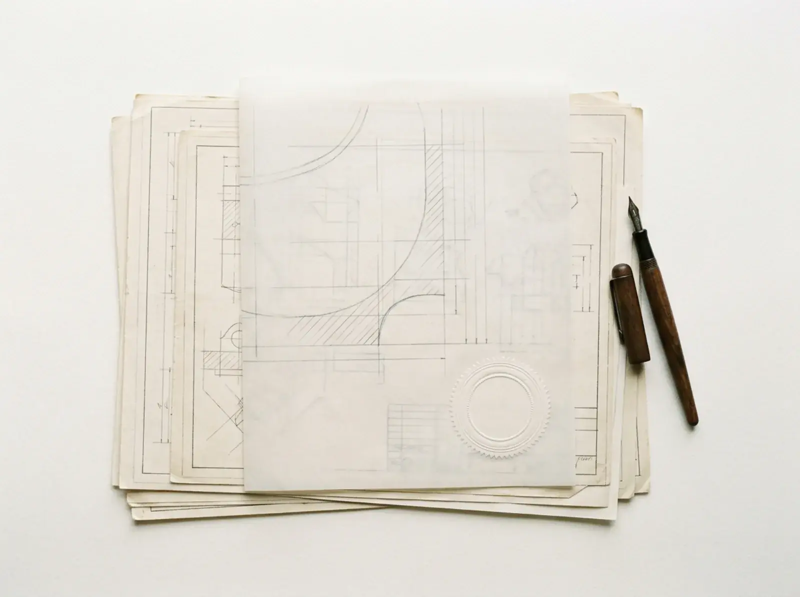 Stack of engineering drawings under a vellum sheet carrying a blank embossed relief impression